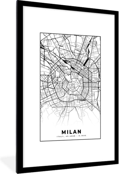 Fotolijst incl. Poster Zwart Wit- Milaan - Stadskaart - Zwart Wit - Plattegrond - Kaart - 80x120 cm - Posterlijst