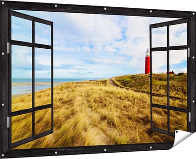 Gards Tuinposter Doorkijk Vuurtoren met Duinen in Texel - 180x120 cm - Tuindoek - Tuindecoratie - Wanddecoratie buiten - Tuinschilderij