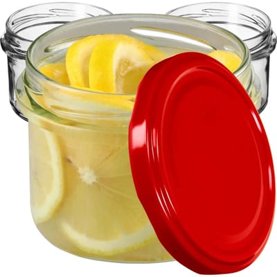KADAX Kleine inmaakpotten, 235 ml, potten diameter 82, kleine potten voor honing en specerijen, jampotten met deksel, luchtdichte potten om cadeau te geven (rood, 10 stuks)