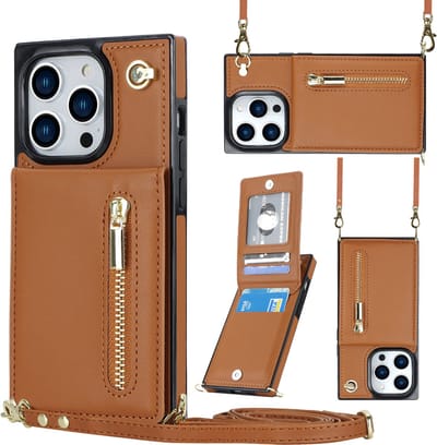 Geschikt Voor iPhone 14 Pro Max Hoesje Met Koord - Solidenz Portemonnee Hoes - Telefoonhoesje Met Koord 14 Pro Max - Wallet Case - Cover Hoes Met Koordje - Backcover Met Koord 14 Pro Max - Bruin