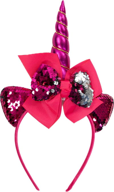 KIMU® Eenhoorn Strik Haarband Donkerroze Zilver Pailletten - Unicorn Diadeem Met Oortjes En Strikje - Fuchsia Hoorn Blauwe Lint Glitter Glans Festival