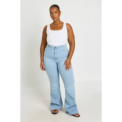 boohoo Dames Plus Hoge Taille Billen Liftende Wijduitlopende Jeans | Gebleekt | Maat: 56