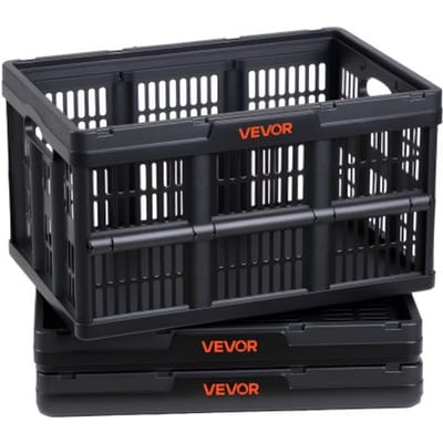 VEVOR Opvouwbare Opbergdozen 45 L 3-Pack, Opvouwbare Plastic Opbergdozen, Stapelbare Opvouwbare Manden Met Handvatten, 15 Kg Draagvermogen Per Doos, Opvouwbare Krat, Ideaal voor Huishoudelijke Organisatie, Zwart