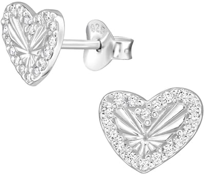Joy|S - Zilveren hartje oorbellen - 9 x 7 mm - zirkonia - diamond cut bewerking - oorknoppen voor dames - sterling zilver 925