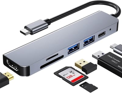 6-in-1 USB C Multiport Hub Adapter for MacBook Pro - Type C to HDMI with Card Reader 87W PD 4K Compatible with Laptops and Devices (Grey)