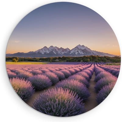 Saammp Muurcirkel Hout - Lavendelveld met bergachtig landschap - Natuur - Ø 90 - Wandcirkel - Wanddecoratie Cirkel - Muurdecoratie Woonkamer - Slaapkamer decoratie - Rond Schilderij