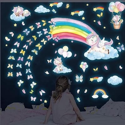 Lichtgevende Eenhoorn Muursticker Set voor Kinderkamer - Glow in the Dark Sterren, Regenboog en Vlinders - Zelfklevende Wanddecoratie voor Meisjes en Jongens - Babykamer Decoratie