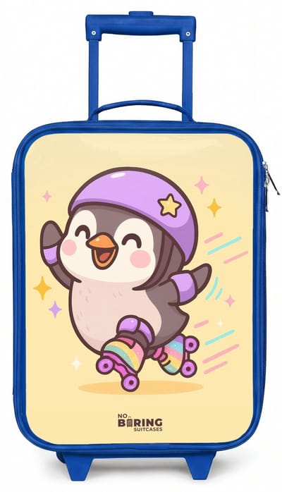 NoBoringSuitcases.com® - Kinderkoffer blauw - Kindertrolley jongen - Kawai - Pinguin - Rolschaatsen - Koffer kind lichtgewicht - Reiskoffer trolley voor kinderen - Koffertje met lichtgevende wieltjes - Rolkoffer