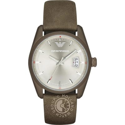 Emporio Armani Tazio Zilver Bruin Leer Heren Quartz Chronograaf Horloge AR6079 zilver