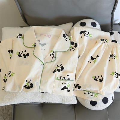 Print Schattige Panda Dames Pyjama Set Herfst Lente Nachtkleding Lange Mouw Tops en Broek Pyjama 2-Delig Pak Nachtkleding Loungewear M black