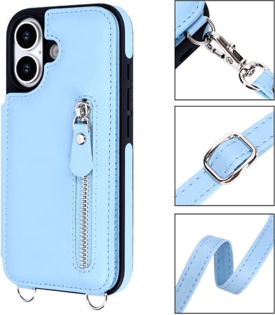 Casemania Hoesje Geschikt voor Apple iPhone 17 - Licht Blauw - Luxe Back Cover met Koord en Rits - Wallet Case met Pasjeshouder - Lanyard Telefoonhoes - Cord Case