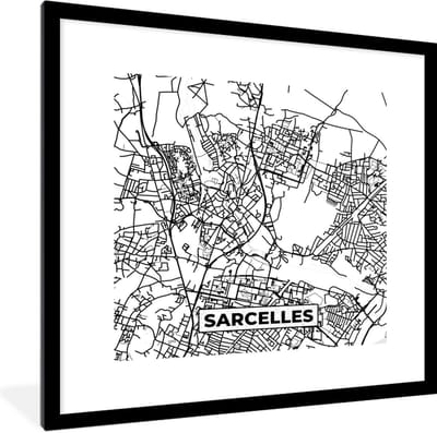 Fotolijst incl. Poster Zwart Wit- Stadskaart - Frankrijk - Kaart - Plattegrond - Sarcelles - Zwart wit - 40x40 cm - Posterlijst