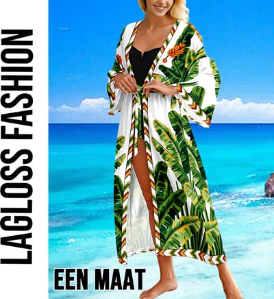 LaGloss® Luxe Bohemian Lange Strand Kimono Dames met Tropische Bladprint – Cover Up – Wit – Zomermode – Beach Fashion – Zomer/Lente – Één Maat – One Size