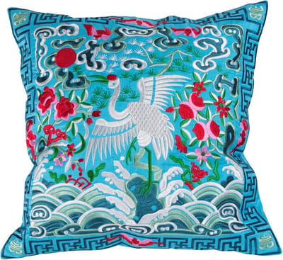 Fine Asianliving Chinese Kussen Volledig Geborduurd Blauw Kraanvogel 45x45cm
