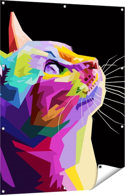 Gards Tuinposter Kleurrijke Kat Kijkt naar Boven - Abstract - 90x120 cm - Tuindoek - Tuindecoratie - Wanddecoratie buiten - Tuinschilderij