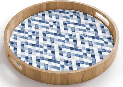 Dienblad rond 40x40 cm - Schootdienblad hout - Diamant - Patroon - Blauw - Wit - Borrelplank rechthoek - Plateau houten dienbladen