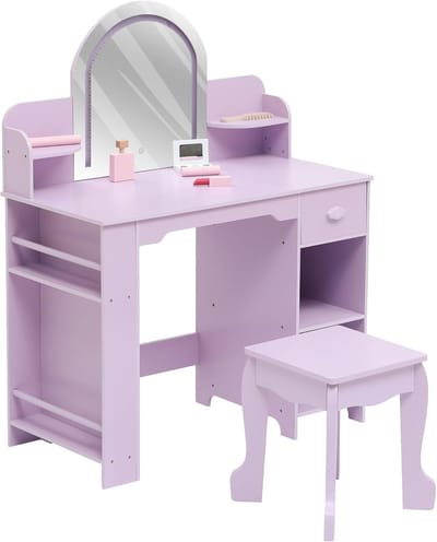 kinder kaptafel -2-in-1 kinder kaptafel met 3-kleurige LED-spiegel en krukje, make-uptafel met lade, boekenplank en opbergplanken voor meisjes van 3 tot 9 jaar