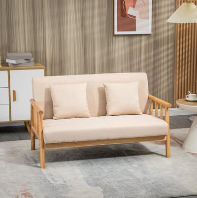 OKWISH Zitbank 123 cm - 2-Zitsbank Met 2 Kussens En Zachte Rugsteun - Voor Woonkamer Of Slaapkamer - Polyester Met Houten Frame - Beige