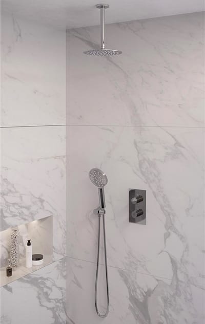 Brauer Chrome Edition thermostatische inbouw regendouche 3-weg omstelling SET 35 met 20 cm douchekop en plafondarm en 3-standen handdouche en doucheslang en wandaansluitbocht chroom