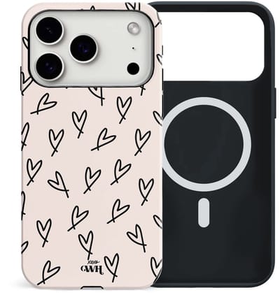 xoxo Wildhearts All Yours - Double Layer - Hoesje geschikt voor iPhone 17 Pro MagSafe case - Siliconen hoesje met hartjesprint - Hartjes - Magnetisch telefoonhoesje - Magneet case - Optimale bescherming - Dubbele beschermlaag - Beige - Zwart