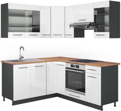 Vicco Hoekkeuken Fame-Line, Wit Hoogglans/Antraciet, 190 x 160 cm, WB Eik