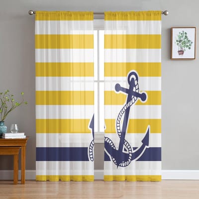 Gestreept Geel Wit Blauw Anker Transparante Gordijnen voor Woonkamer Decoratie Raamgordijnen Keuken Tule Voile Organza Gordijnen W135 x H160cm x1