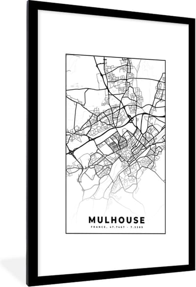 Fotolijst incl. Poster Zwart Wit- Frankrijk - Mulhouse - Kaart - Plattegrond - Stadskaart - Zwart wit - 60x90 cm - Posterlijst