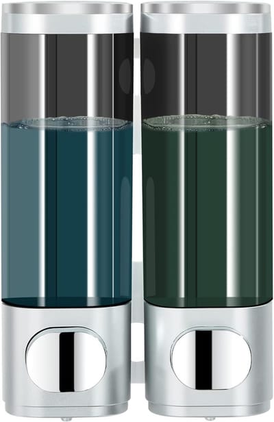 Famanu – Douche dispenser 2 kamers – wandmontage zonder boren – 300 ml – shampoo conditioner douchegel – zilver