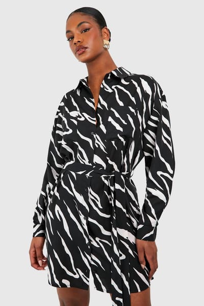 boohoo Dames Hoge Geweven Zebra Overhemdjurk met Ceintuur | Black | Maat: 18