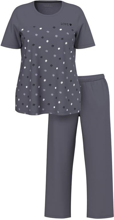 Ulla Popken - Dames - Pyjama bloemen borduursel ronde hals korte mouw - Donkergrijs - Maat 42+
