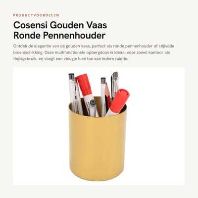 Dailygoods- Pennenhouder Goud - Roestvrij Staal - Bureau Organizer - Potloodhouder - Vaas - Nordic Stijl - Afmetingen 8,3 x 10 cm