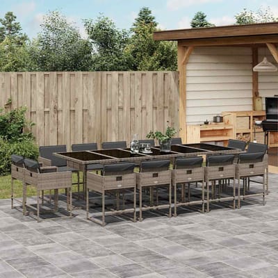 vidaXL - 15-delige - Tuinset - met - kussens - poly - rattan - grijs