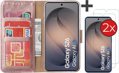 Hoesje met 2 Stuks Screenprotectors Geschikt voor Samsung Galaxy S26 – Arara bookcase met pasjeshouder - Rosegoud