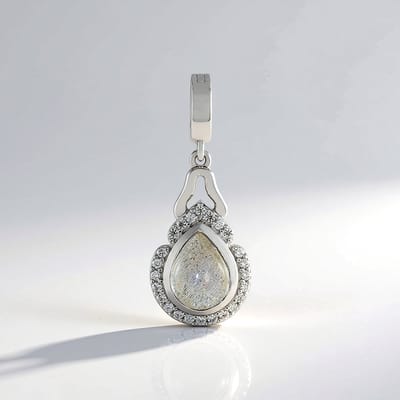 Cavill - Zilveren Hanger - 925 Sterling Zilver Geplatineerd - Roze Labradoriet 1,59 ct - 24 Pavé Zirkonia - Druppelvorm 29x11 mm