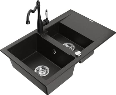 Mexen Gaspar granieten gootsteen 1,5-komers met afdruiprek en keukenkraan Carla, zwart/goud metallic - 6507-75-670700-70