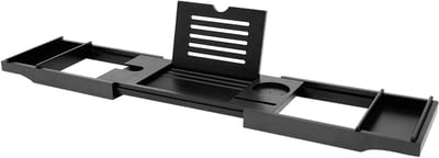 DIMICO - Badplank voor in Bad - Badtafel met Tablet- & Wijnglashouder - Badbrug Wellness - 75-111 cm - Zwart - Badkamer Accessoire
