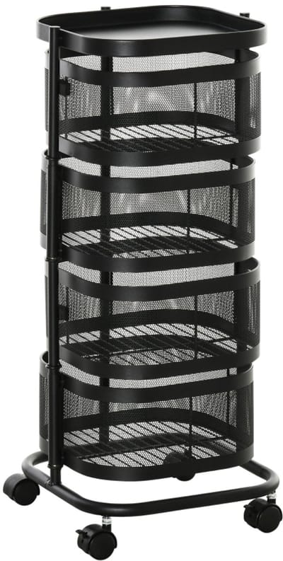 Keukentrolley - 33 x 33 x 77 cm - 4-Laags Draaibare Opbergwagen met Mandjes - Metaal - Zwart