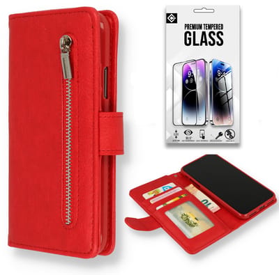 Casemania Hoesje en Glas Geschikt voor Samsung Galaxy A17 5G - Rood - Luxe Portemonnee Book Case met Rits en Pasjeshouder - Wallet Case Telefoonhoesje - 1x Tempered Glazen Screenprotector