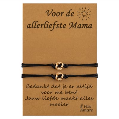 Moeder Kind Armbandjes voor 2 "Voor de Allerliefste Mama" - Knoopjes - Vriendschapsarmbandjes met Persoonlijk Cadeau Kaartje - Goudkleurig - Elastisch Verstelbaar - Pax Amare