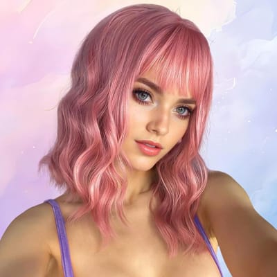 Cheveux courts bouclés roses avec frange, cheveux courts bouclés ondulés One size fits all adults rose