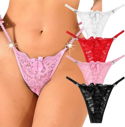 4-pack G-string thongs voor dames, sexy kant, lage taille, ademende T-back slipjes, comfortabel en stijlvol