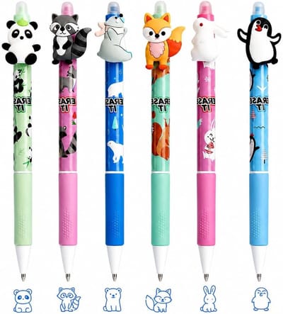 Set van 6 uitwisbare gelpennen in blauw met schattige motieven van dieren, ideaal voor leren, schrijven en creatief gebruik