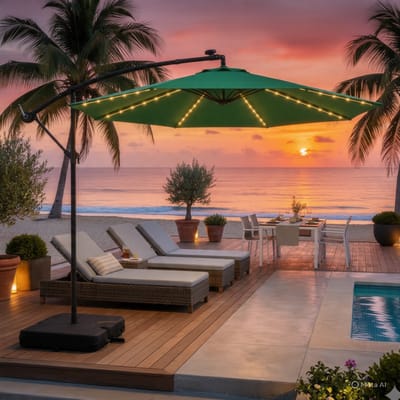 Zweefparasol 300 cm met LED verlichting en zonnepaneel – Kantelbare tuinparasol met slinger, standaard en zandzakken – UV-bescherming, waterafstotend, achthoekig – Groen – Nicolehome