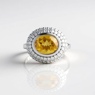 Cavill - Verstelbare Ring 925 Sterling Zilver - Platina Verguld - Braziliaanse Ovale Scapoliet 2,96 ct - 58 Pavé Zirkonia - Elegante Zilveren Sieraad
