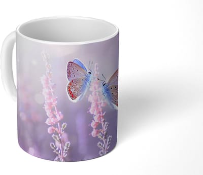 Mok - Koffiemok - Vlinder - Lavendel - Bloemen - Paars - Mokken - 350 ML - Beker - Koffiemokken - Theemok