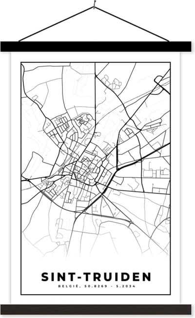 Posterhanger incl. Poster 40x60 cm - Schoolplaat - Stadskaart – Plattegrond – België – Zwart Wit – Sint Truiden – Kaart - Textielposter - Zwarte latten - Stadskaart