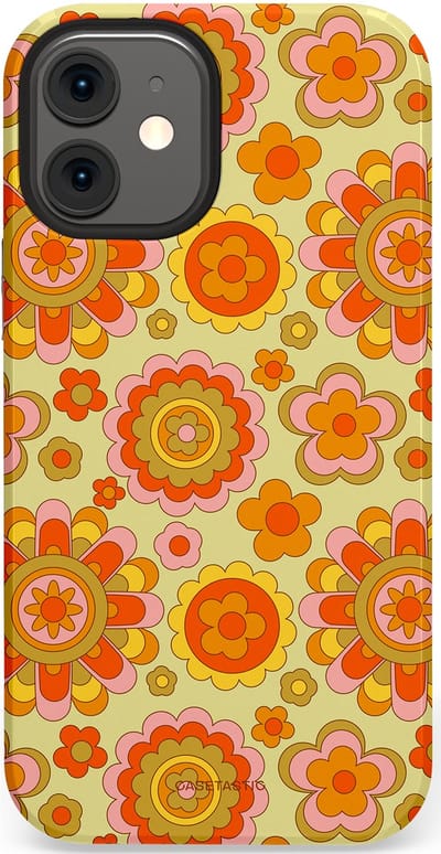 Casetastic Hoesje Geschikt voor Apple iPhone 12 Mini - Stijlvolle Beschermende Duo-layer Case - Retro Oranje Bloemen
