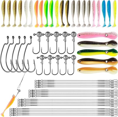 Complete Set van 62 Stuks Rubber Aas met Jigkoppen, Offset Haken en Stalen Leiders - Kunstmatig Aas voor Snoek, Zander, Baars en Forel van 100/70mm T-Tail