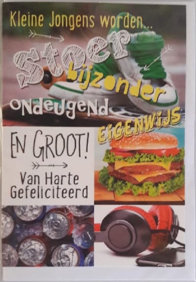 Kleine jongens worden groot! Maar ook stoer, bijzonder, ondeugend en eigenwijs! Van harte gefeliciteerd! Een leuke kaart om zo te geven of om bij een cadeau te voegen. Een dubbele wenskaart inclusief envelop en in folie verpakt.