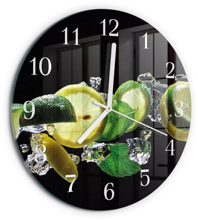 Tulup Wandklok - Citroen en limoen Klok Glas Met Opdruk - 30fi cm - Groente Moderne Wandklok Glas - Witte Handen - Ronde Wandklok - Decoratieve Glazen Klok - Glazen Wandklok Design
